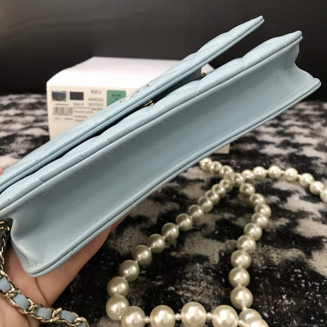 Chanel A68052 Wallet on Chain bag lambskin Imitation Pearls gold Light Blue