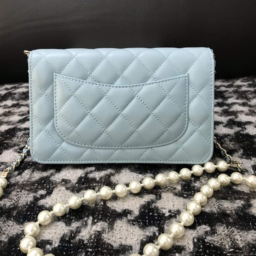 Chanel A68052 Wallet on Chain bag lambskin Imitation Pearls gold Light Blue
