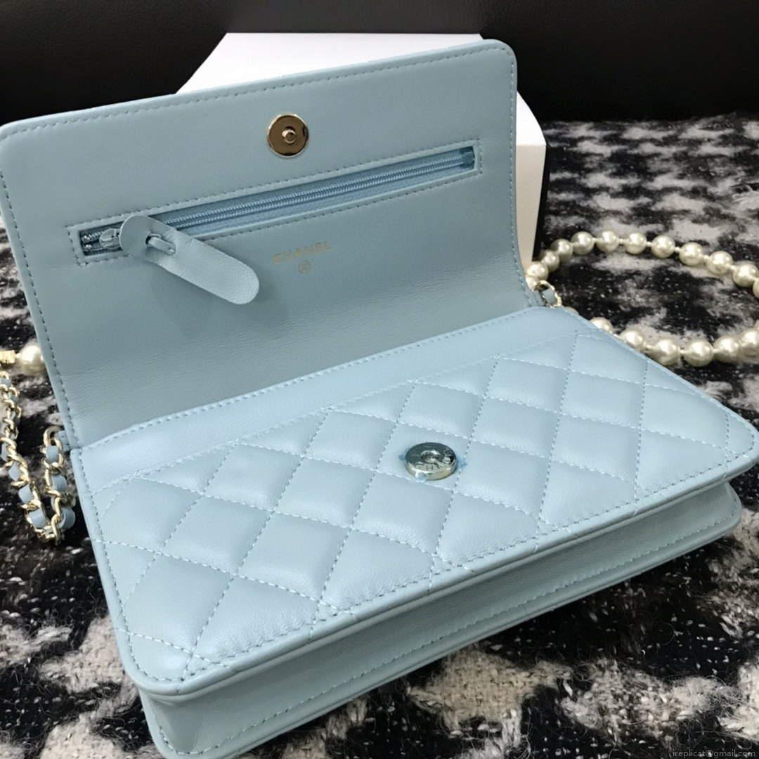 Chanel A68052 Wallet on Chain bag lambskin Imitation Pearls gold Light Blue