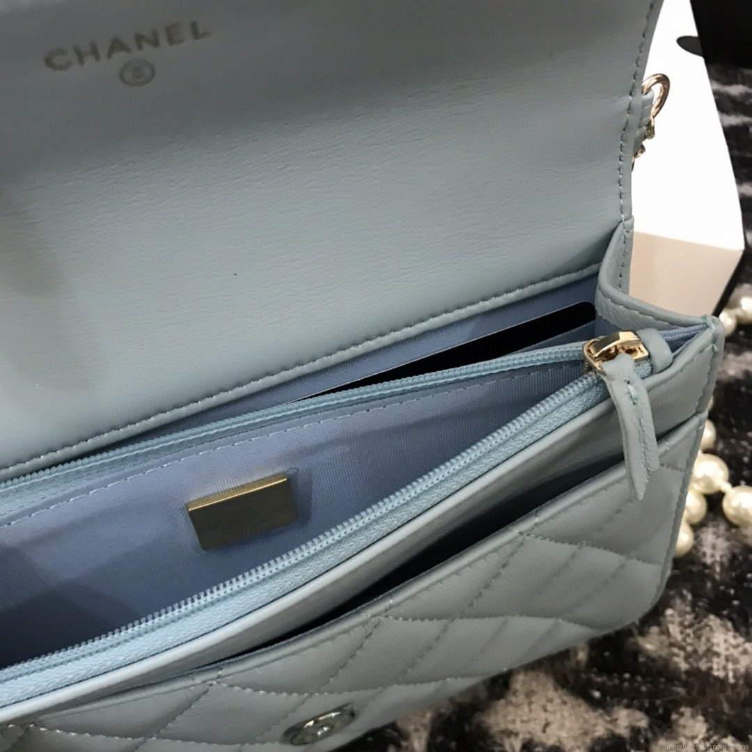 Chanel A68052 Wallet on Chain bag lambskin Imitation Pearls gold Light Blue