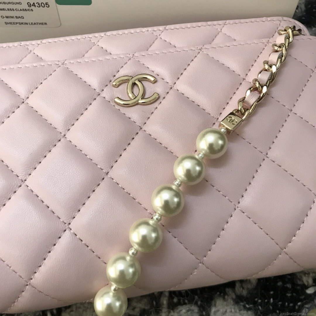 Chanel A68052 Wallet on Chain bag lambskin Imitation Pearls gold Pink