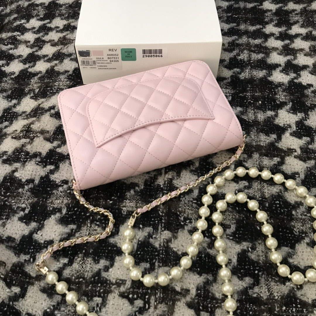 Chanel A68052 Wallet on Chain bag lambskin Imitation Pearls gold Pink