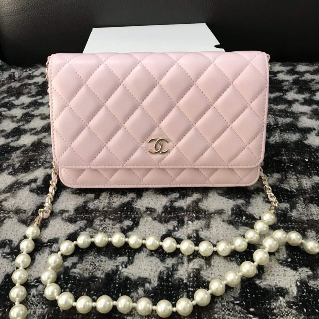 Chanel A68052 Wallet on Chain bag lambskin Imitation Pearls gold Pink