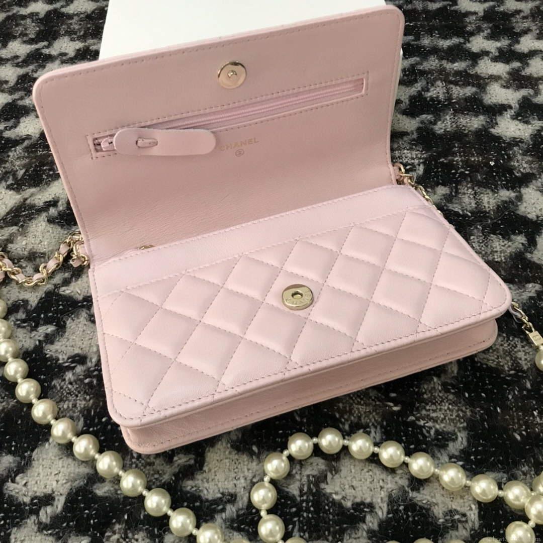 Chanel A68052 Wallet on Chain bag lambskin Imitation Pearls gold Pink