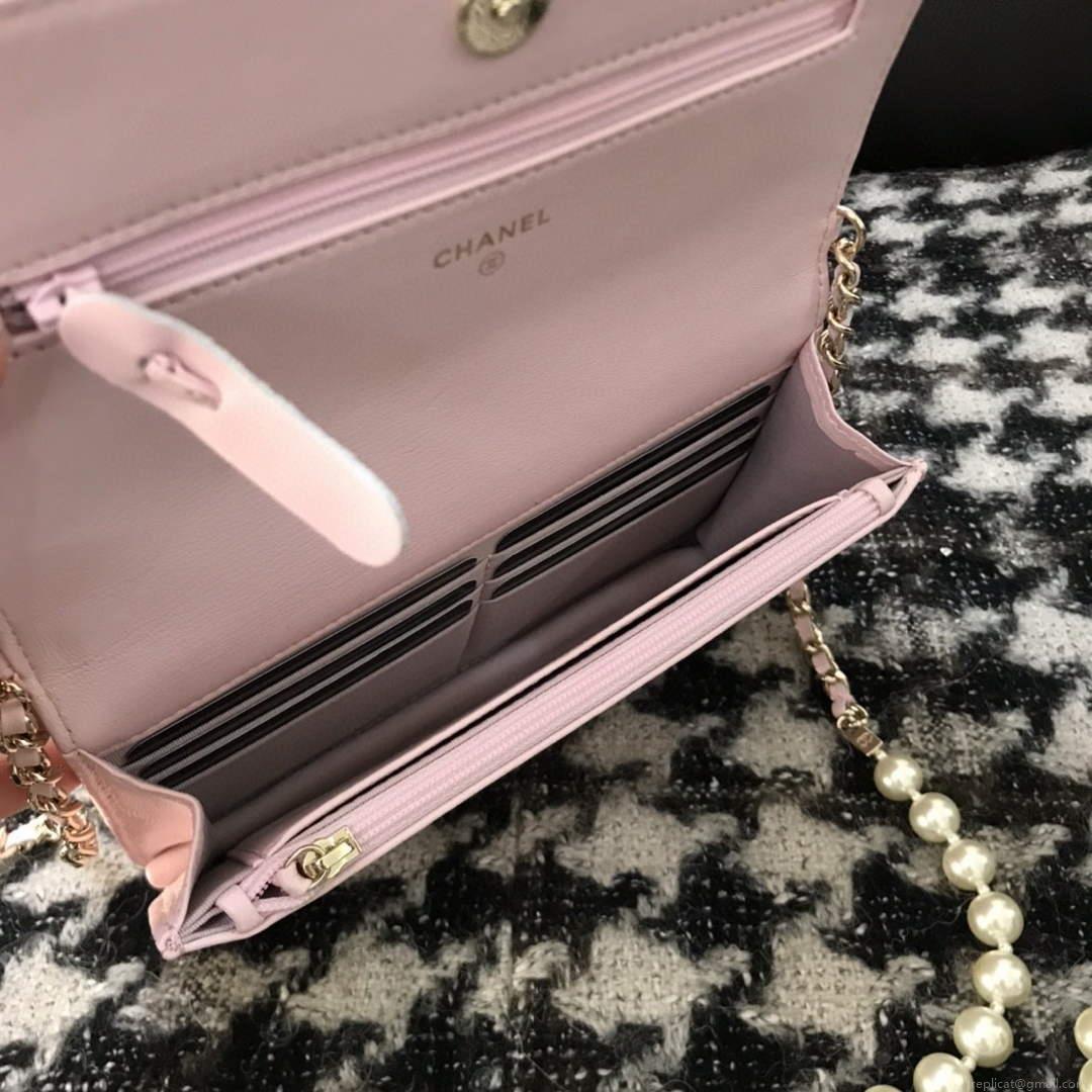 Chanel A68052 Wallet on Chain bag lambskin Imitation Pearls gold Pink