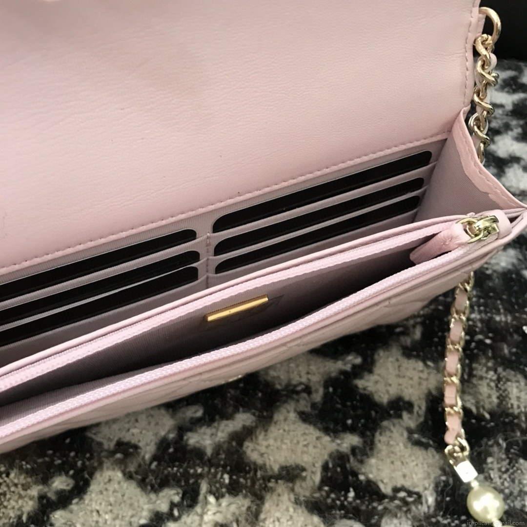 Chanel A68052 Wallet on Chain bag lambskin Imitation Pearls gold Pink