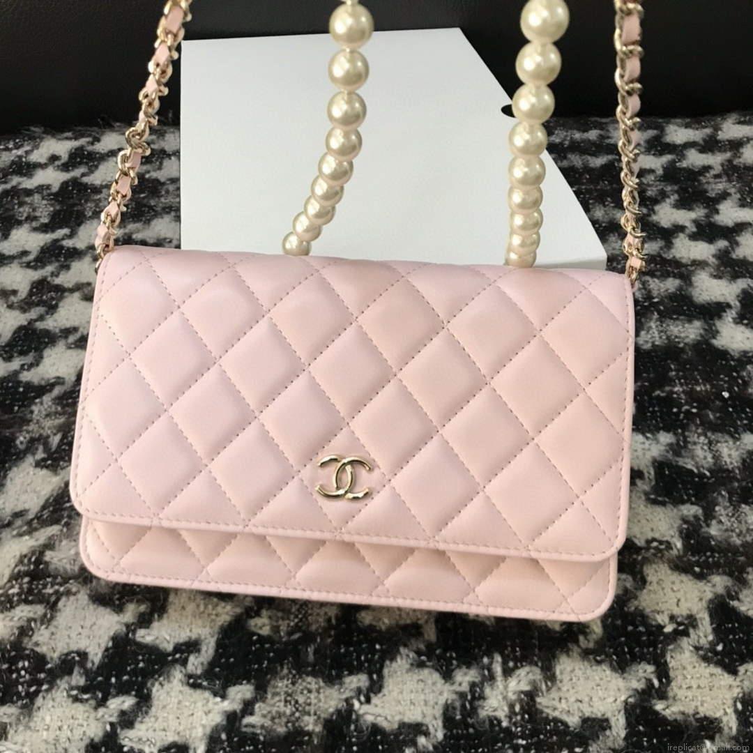 Chanel A68052 Wallet on Chain bag lambskin Imitation Pearls gold Pink