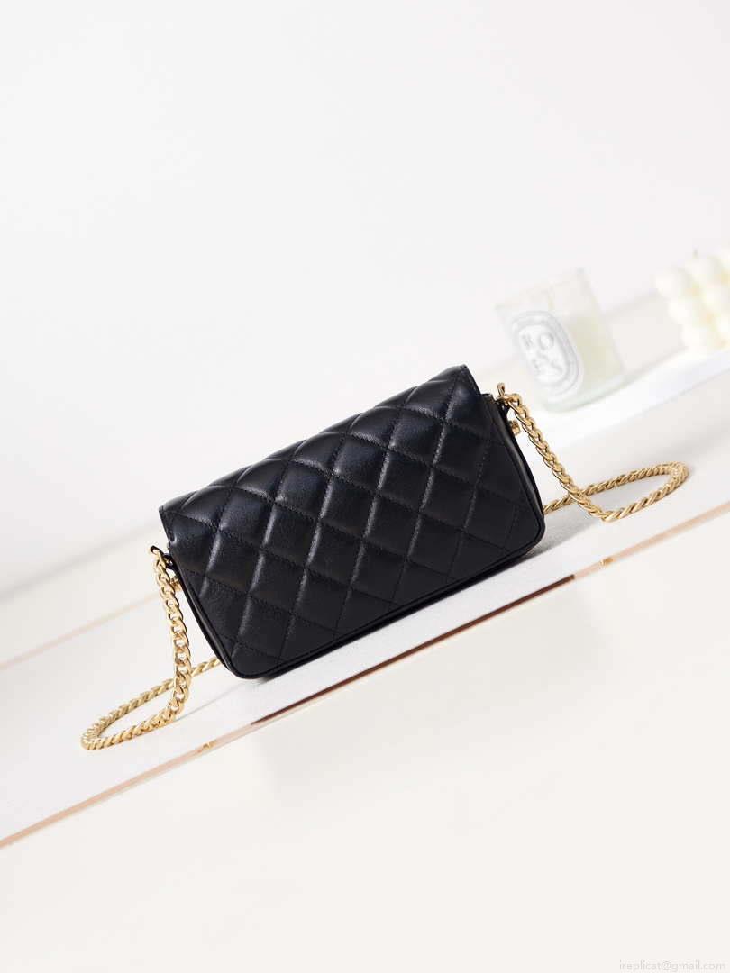 Chanel AP3207 Phone Holder With Chain shiny Lambskin & Gold-Tone Metal black