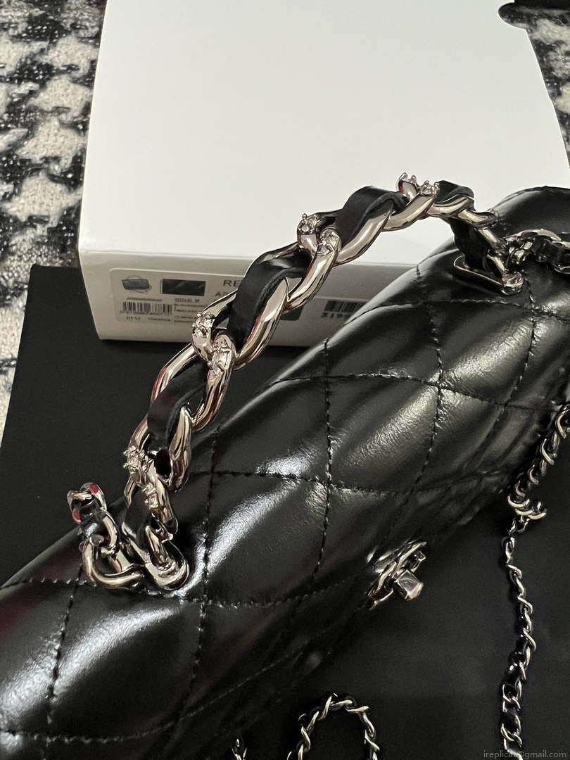Chanel AP3645 Woc Wallet on Chain Black Shiny Crumpled Calfskin Strass & Ruthenium Finish Metal