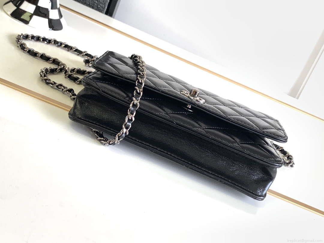 Chanel AP3645 Woc Wallet on Chain Black Shiny Crumpled Calfskin Strass & Ruthenium Finish Metal