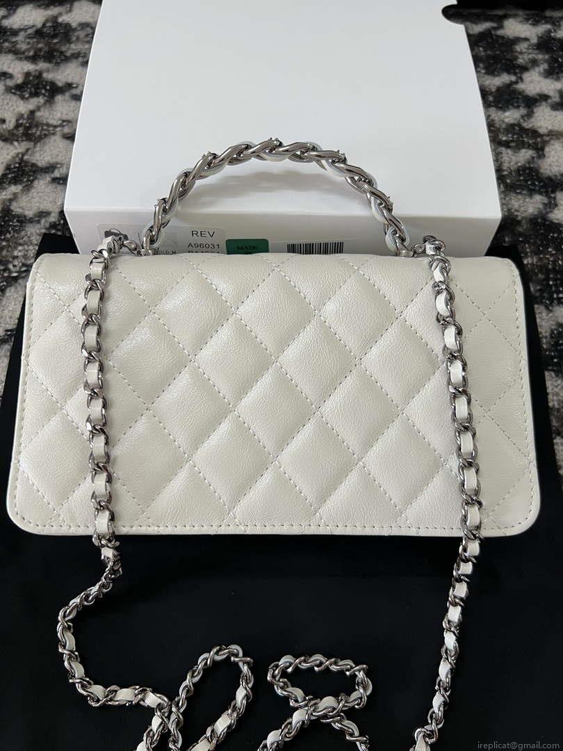 Chanel AP3566 Clutch with Chain White Shiny Crumpled Calfskin Strass & Ruthenium Finish Metal