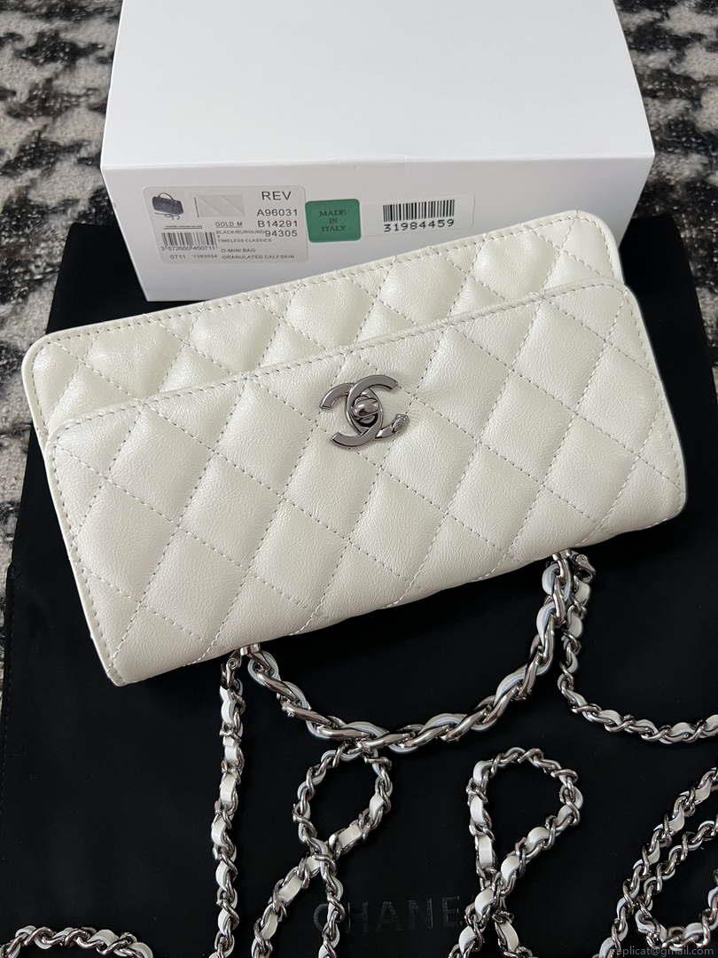 Chanel AP3566 Clutch with Chain White Shiny Crumpled Calfskin Strass & Ruthenium Finish Metal