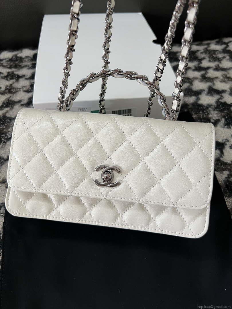 Chanel AP3566 Clutch with Chain White Shiny Crumpled Calfskin Strass & Ruthenium Finish Metal