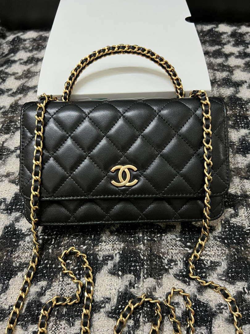 Chanel A68113 Woc Wallet on Chain With Handle Black Shiny Crumpled Calfskin