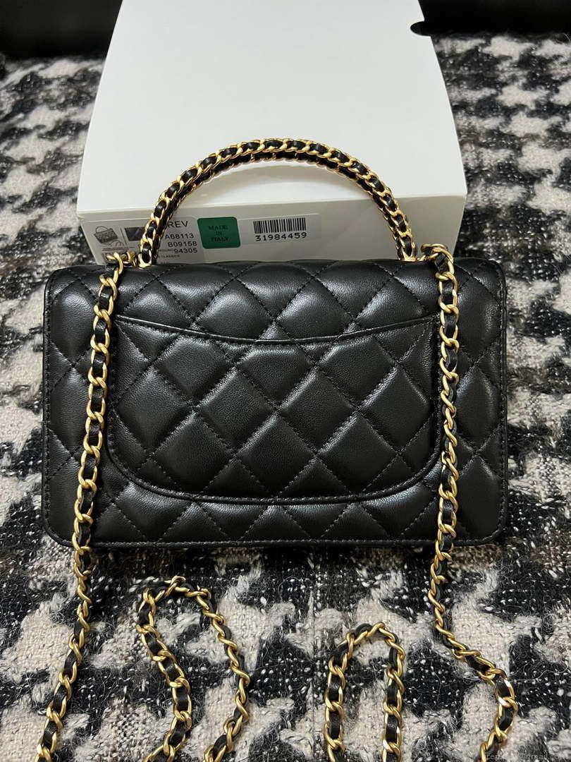 Chanel A68113 Woc Wallet on Chain With Handle Black Shiny Crumpled Calfskin