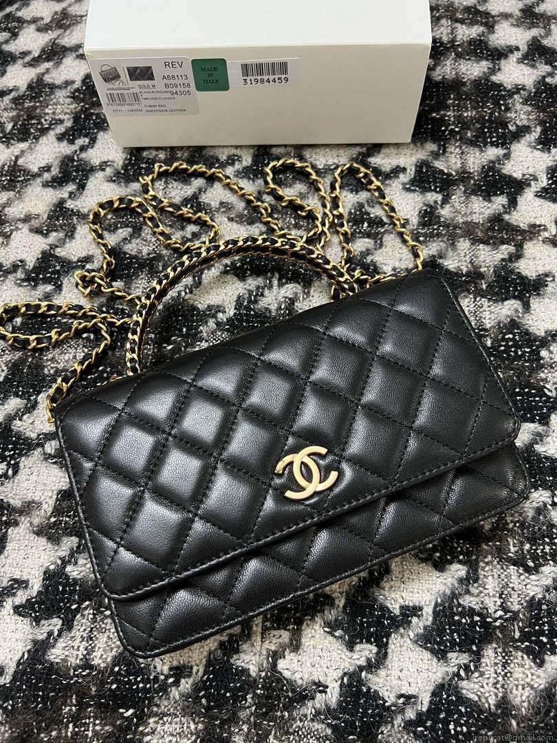 Chanel A68113 Woc Wallet on Chain With Handle Black Shiny Crumpled Calfskin