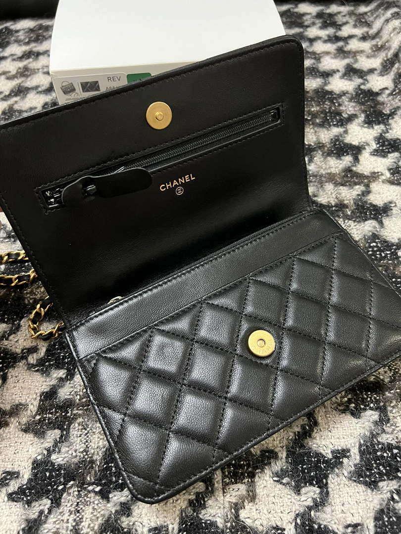 Chanel A68113 Woc Wallet on Chain With Handle Black Shiny Crumpled Calfskin