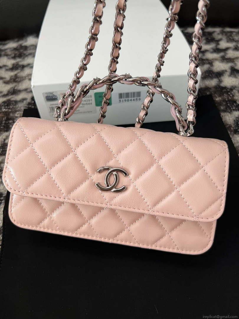 Chanel AP3566 Clutch with Chain Pink Shiny Crumpled Calfskin Strass & Ruthenium Finish Metal