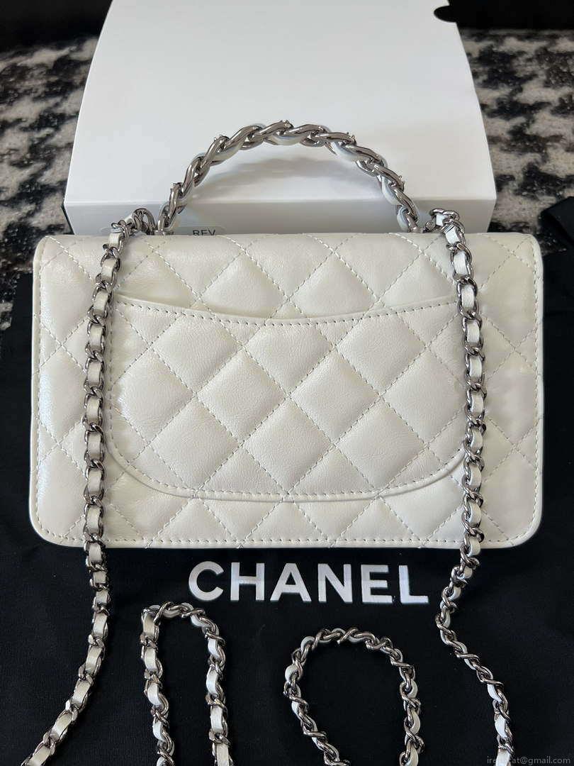 Chanel AP3645 Woc Wallet on Chain White Shiny Crumpled Calfskin Strass & Ruthenium Finish Metal