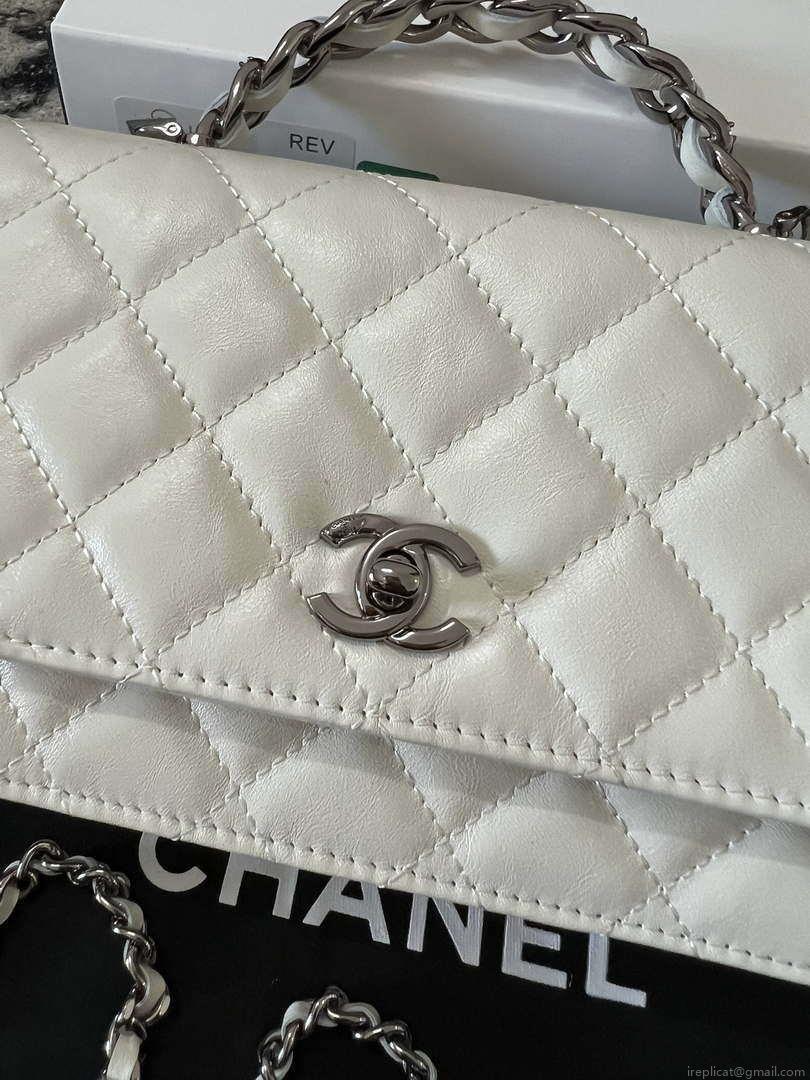 Chanel AP3645 Woc Wallet on Chain White Shiny Crumpled Calfskin Strass & Ruthenium Finish Metal