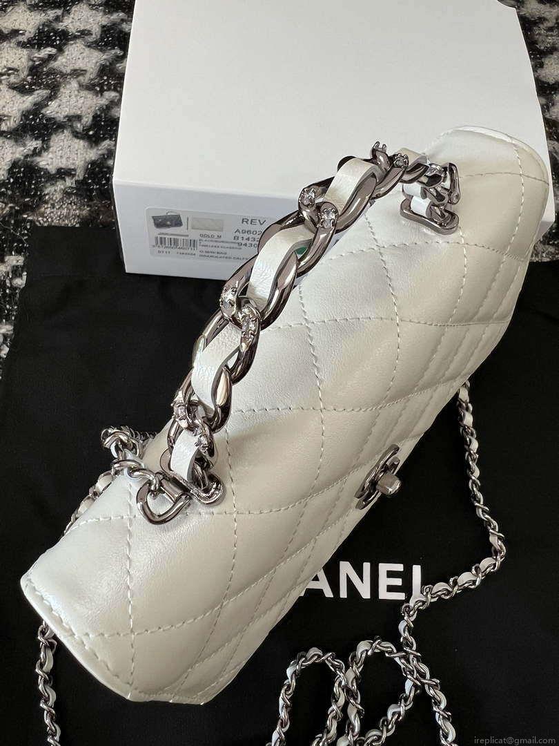Chanel AP3645 Woc Wallet on Chain White Shiny Crumpled Calfskin Strass & Ruthenium Finish Metal