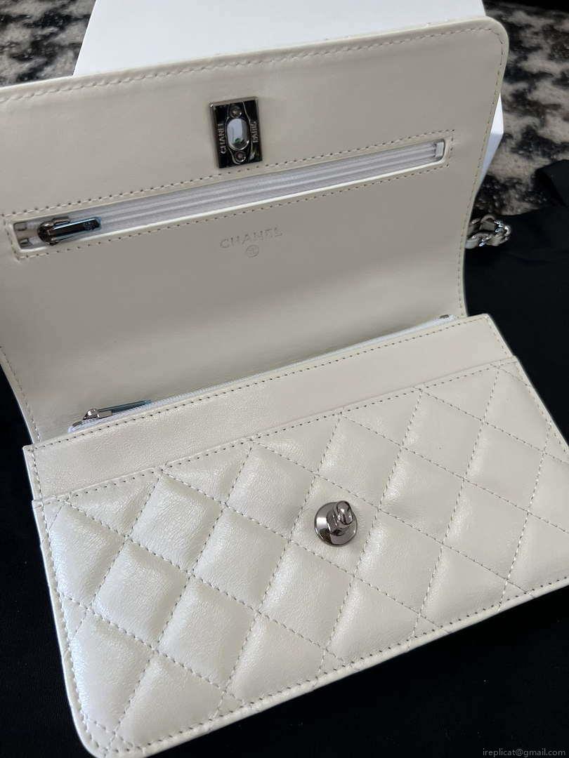Chanel AP3645 Woc Wallet on Chain White Shiny Crumpled Calfskin Strass & Ruthenium Finish Metal