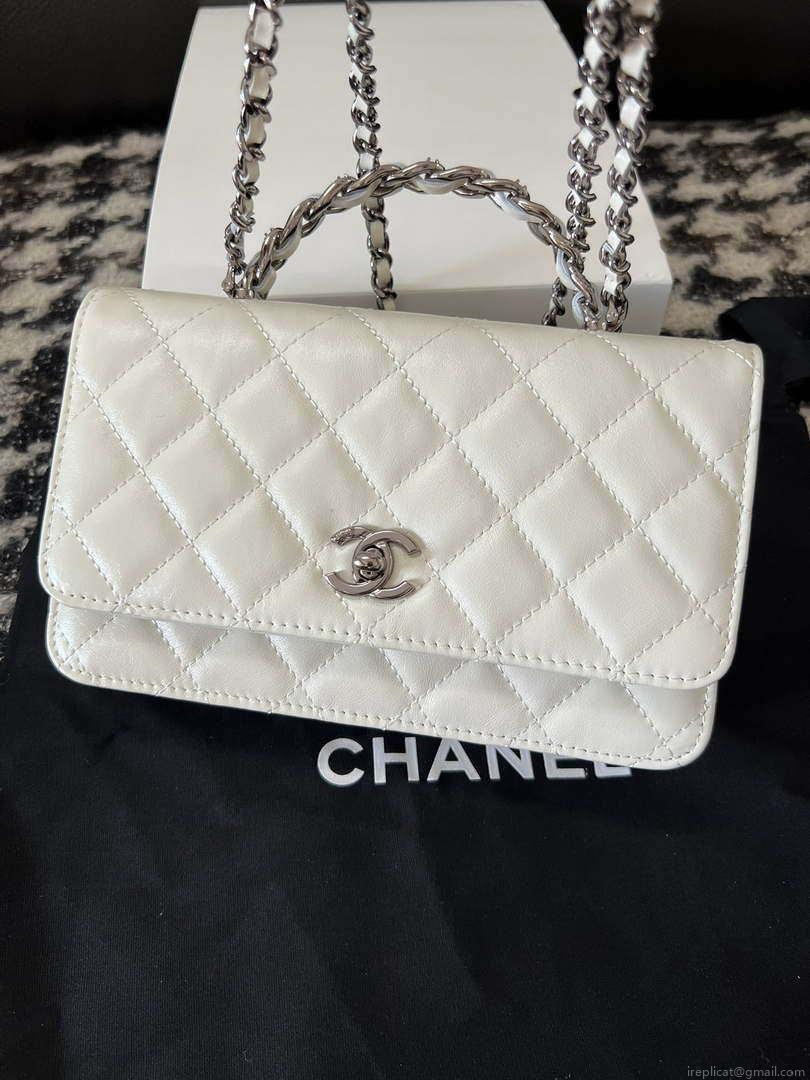 Chanel AP3645 Woc Wallet on Chain White Shiny Crumpled Calfskin Strass & Ruthenium Finish Metal