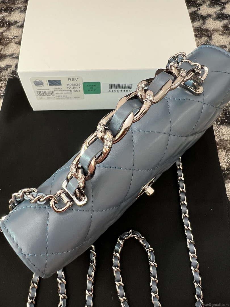 Chanel AP3645 Woc Wallet on Chain Blue Shiny Crumpled Calfskin Strass & Ruthenium Finish Metal