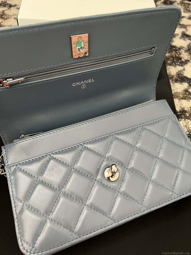 Chanel AP3645 Woc Wallet on Chain Blue Shiny Crumpled Calfskin Strass & Ruthenium Finish Metal
