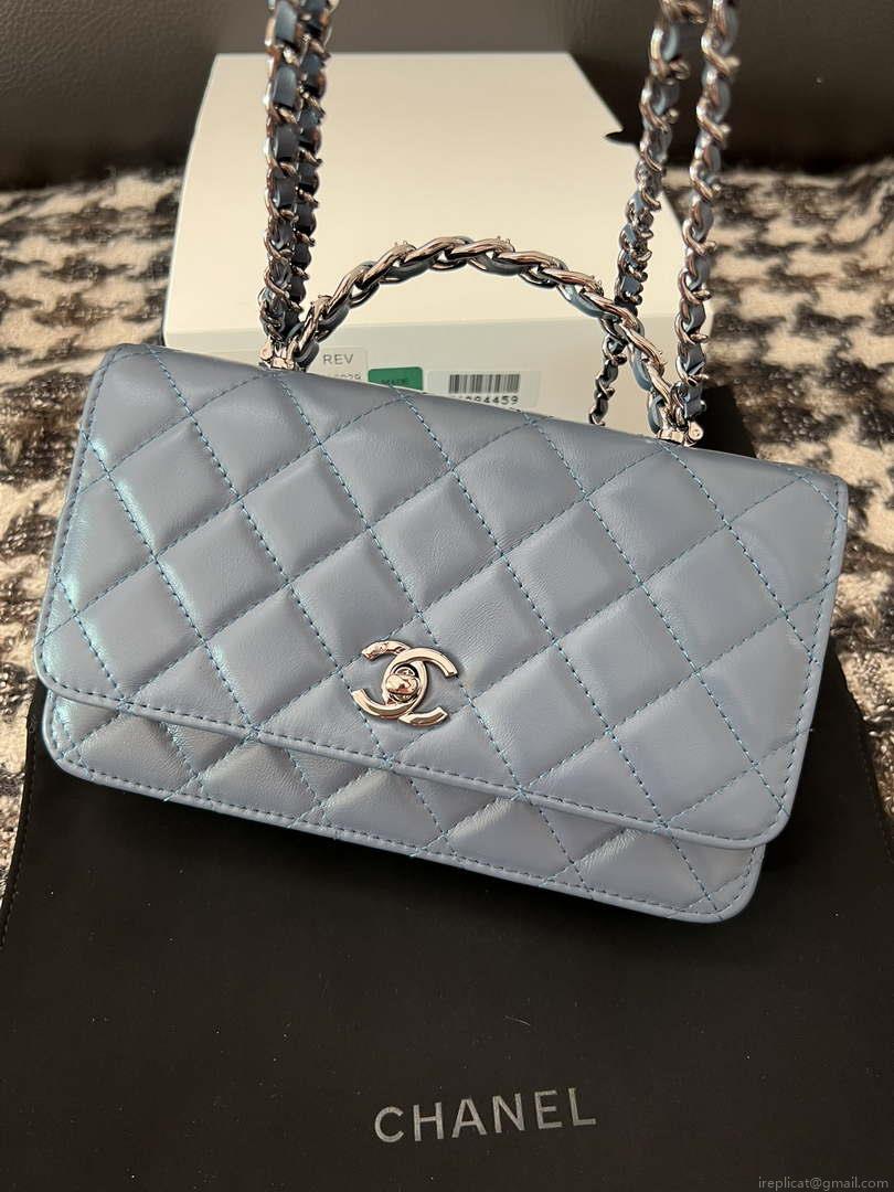 Chanel AP3645 Woc Wallet on Chain Blue Shiny Crumpled Calfskin Strass & Ruthenium Finish Metal