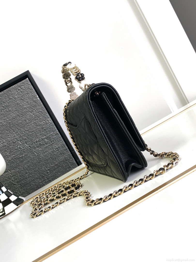 Chanel A96033 Woc Wallet on Chain With Small flower handle Black Shiny Crumpled Lambskin
