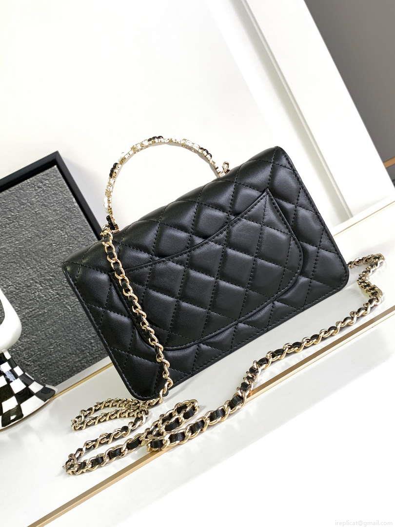Chanel A96033 Woc Wallet on Chain With Small flower handle Black Shiny Crumpled Lambskin