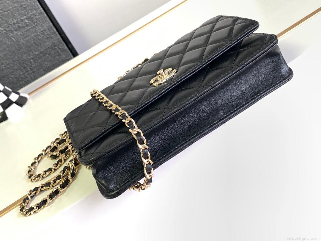 Chanel A96033 Woc Wallet on Chain With Small flower handle Black Shiny Crumpled Lambskin