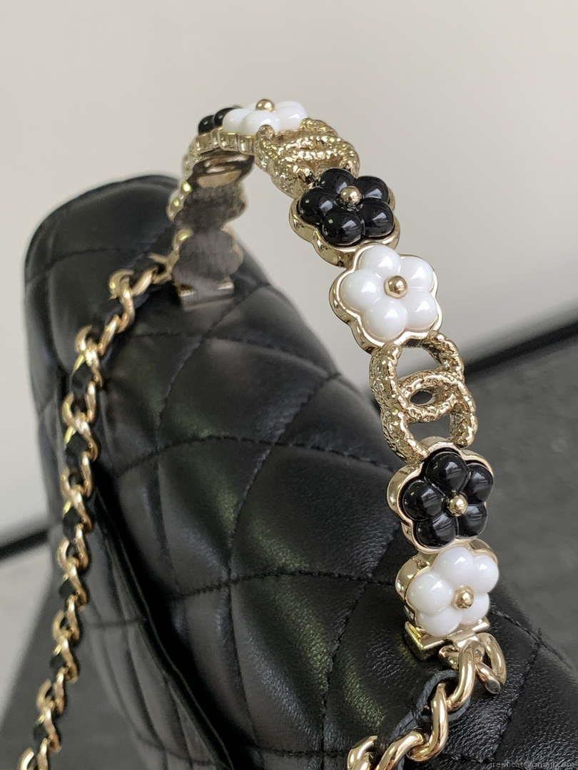 Chanel A96033 Woc Wallet on Chain With Small flower handle Black Shiny Crumpled Lambskin