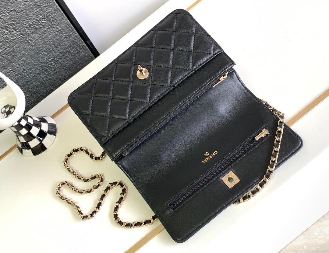 Chanel A96033 Woc Wallet on Chain With Small flower handle Black Shiny Crumpled Lambskin