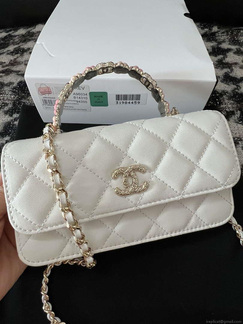 Chanel A96034 Woc Wallet on Chain With Small flower Handle White Lambskin