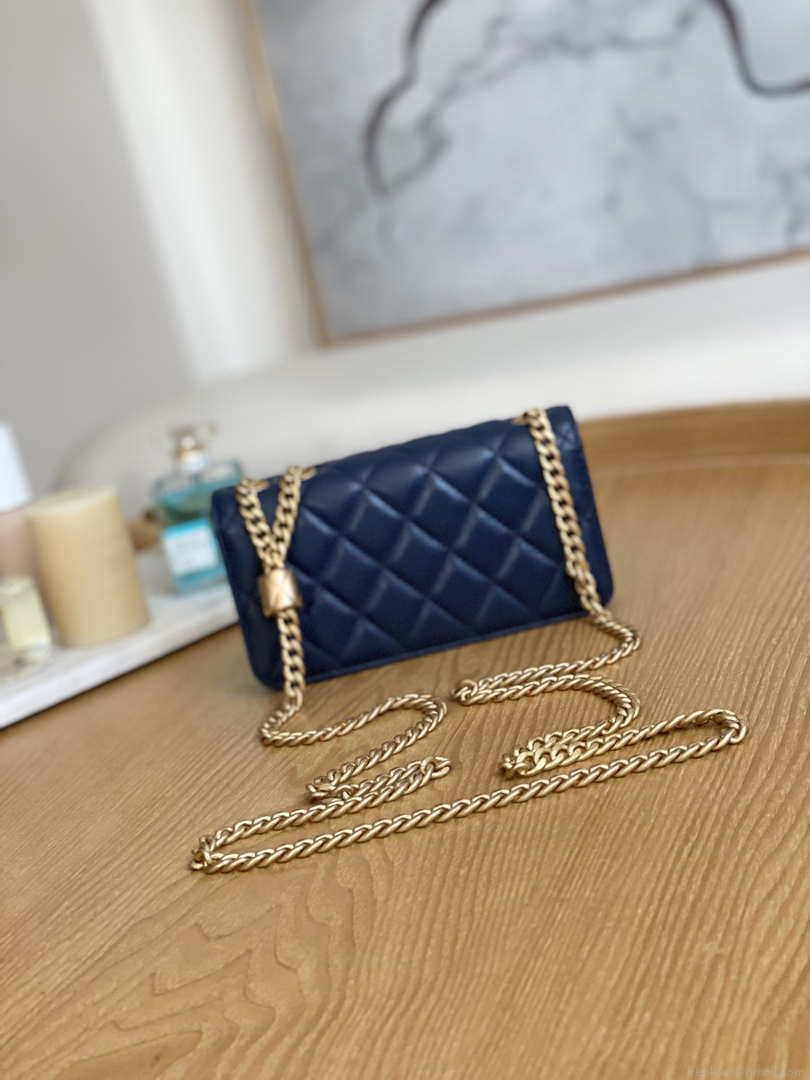 Chanel AP3047 FLAP Phone Holder With Chain Blue Lambskin & Gold-Tone Metal