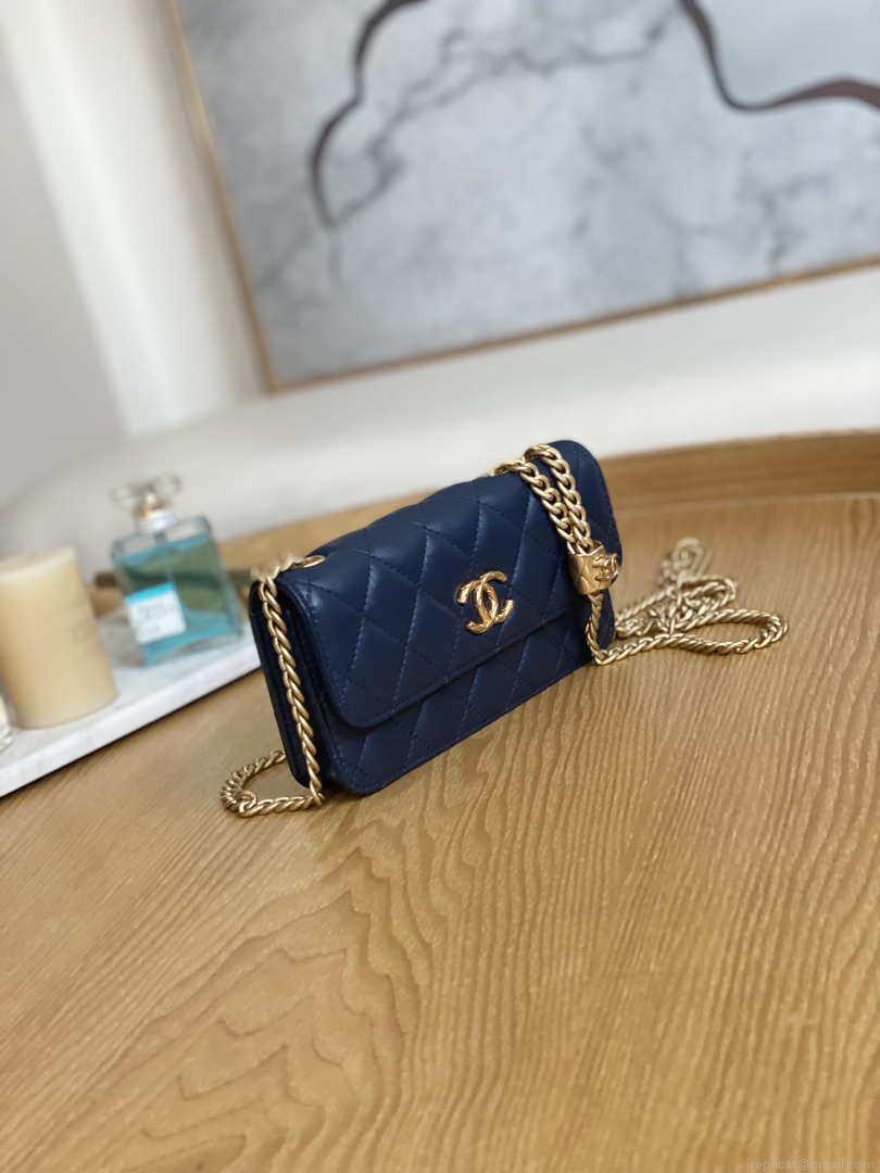 Chanel AP3047 FLAP Phone Holder With Chain Blue Lambskin & Gold-Tone Metal