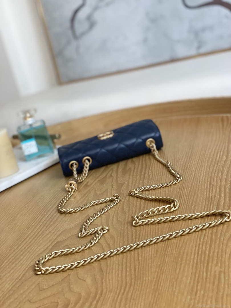 Chanel AP3047 FLAP Phone Holder With Chain Blue Lambskin & Gold-Tone Metal