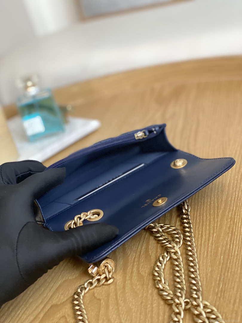 Chanel AP3047 FLAP Phone Holder With Chain Blue Lambskin & Gold-Tone Metal