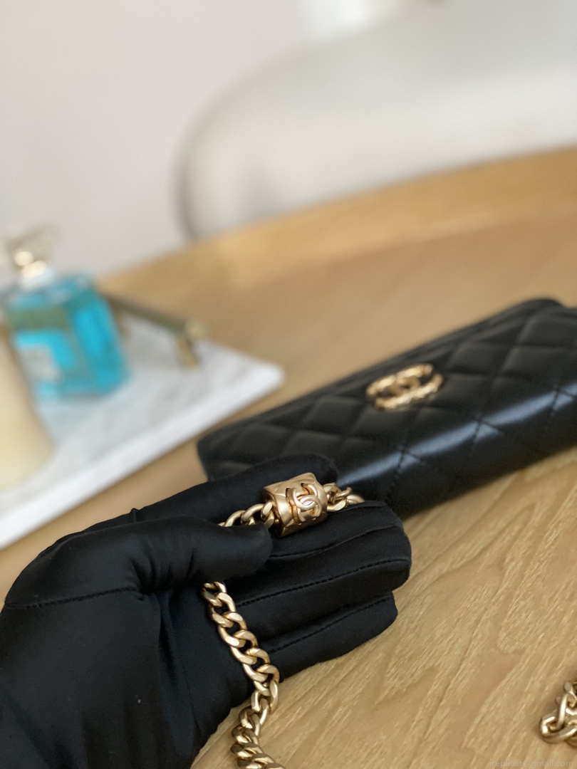 Chanel AP3047 FLAP Phone Holder With Chain Black Lambskin