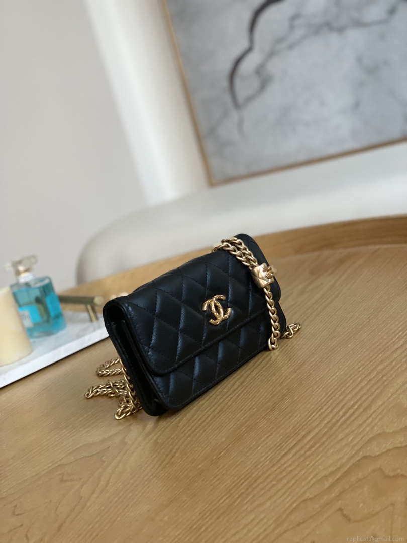 Chanel AP3047 FLAP Phone Holder With Chain Black Lambskin