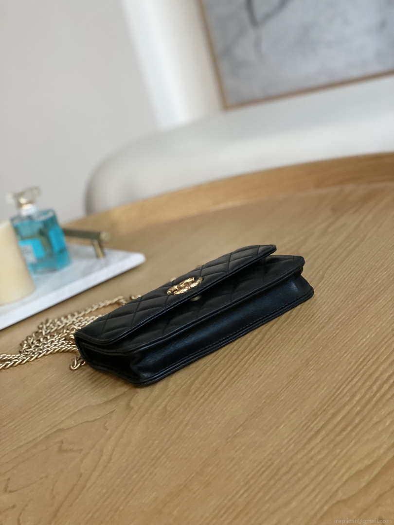 Chanel AP3047 FLAP Phone Holder With Chain Black Lambskin