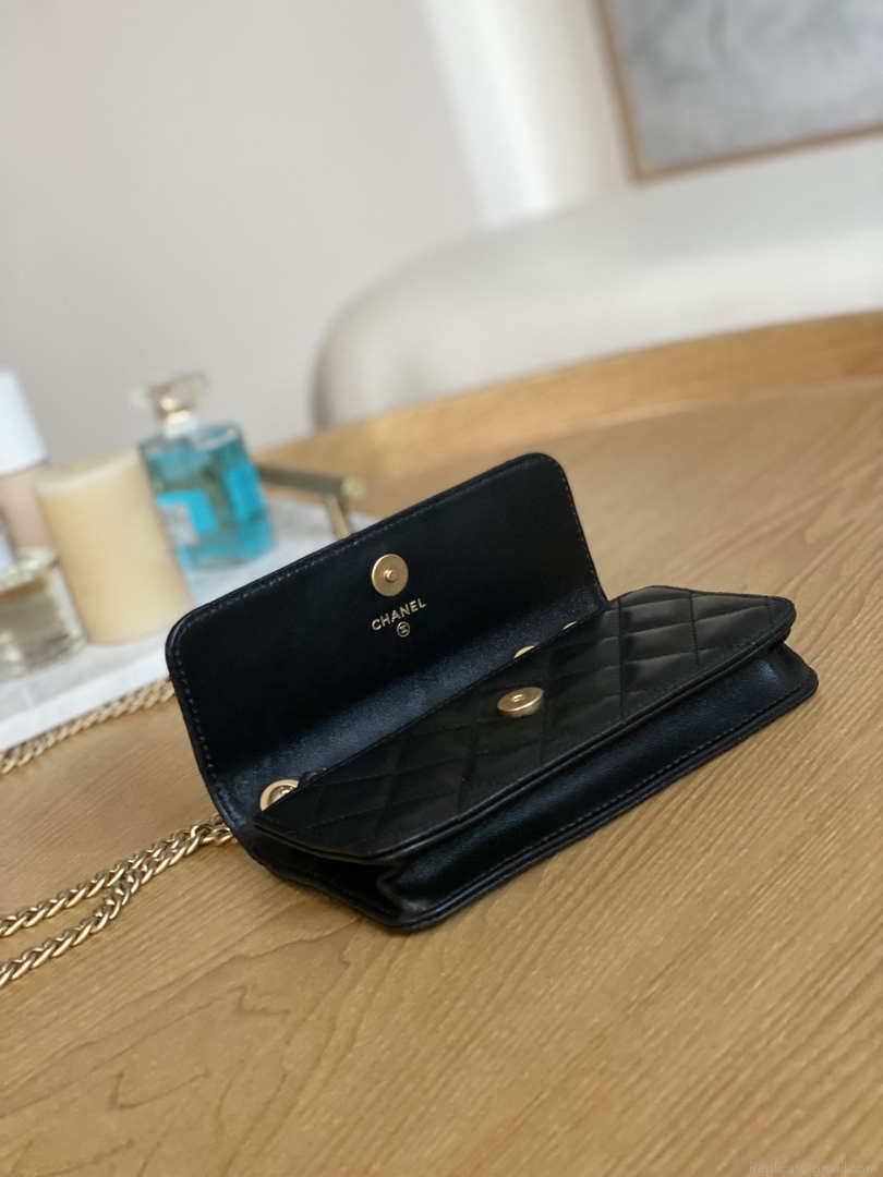 Chanel AP3047 FLAP Phone Holder With Chain Black Lambskin