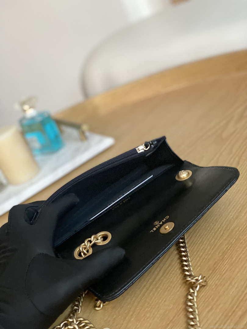 Chanel AP3047 FLAP Phone Holder With Chain Black Lambskin