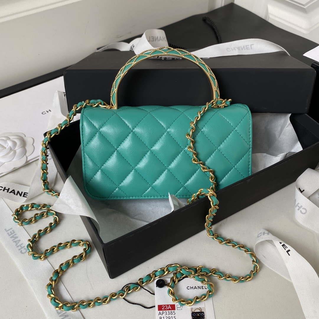 Chanel AP3385 Woc Flap Phone Holder With Chain Lambskin Green Gold