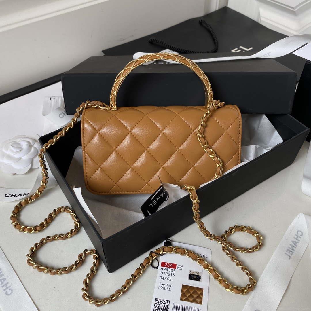 Chanel AP3385 Woc Flap Phone Holder With Chain Lambskin Caramel Gold