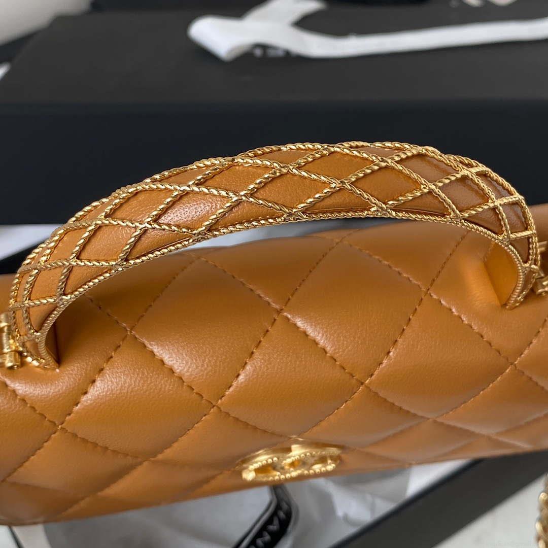 Chanel AP3385 Woc Flap Phone Holder With Chain Lambskin Caramel Gold