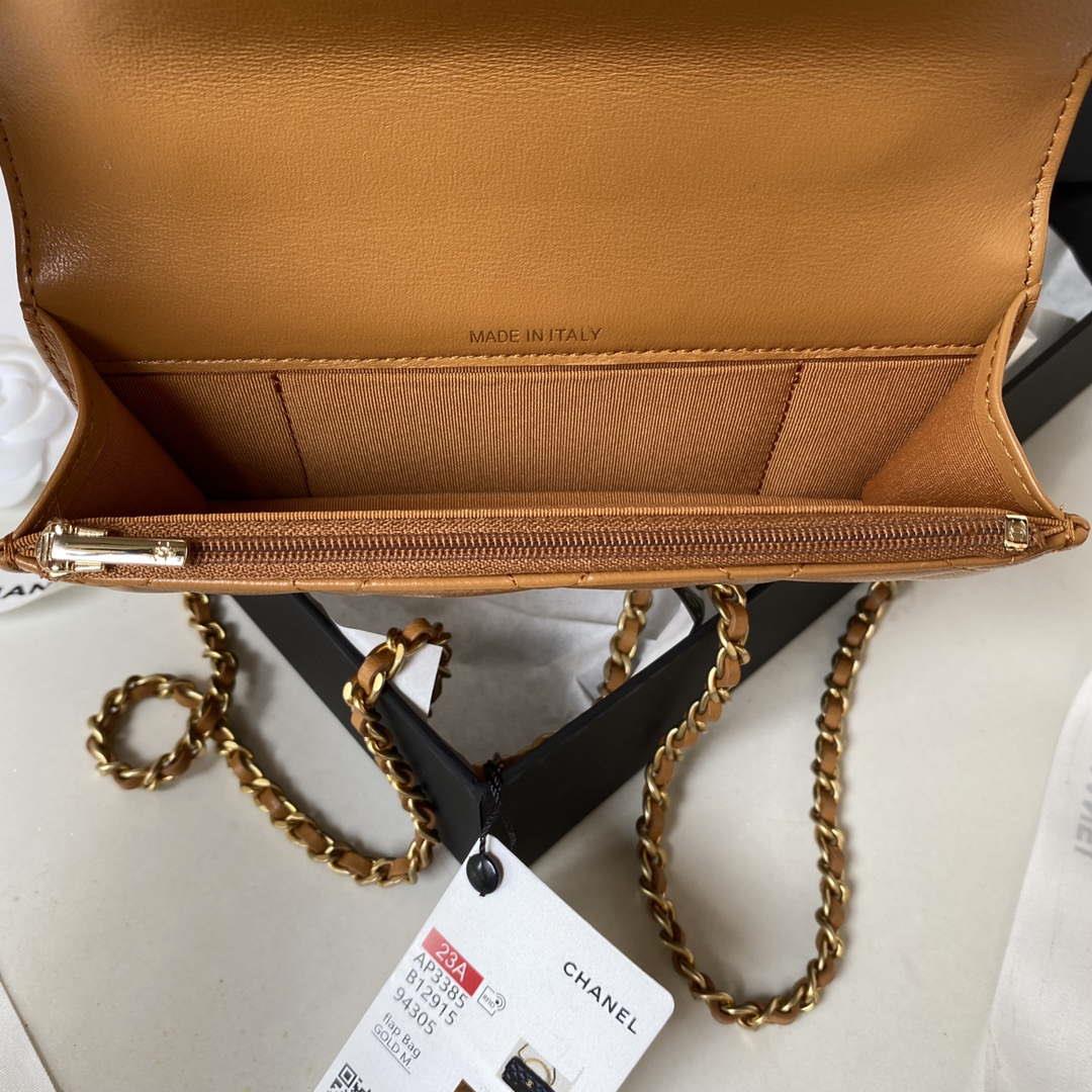 Chanel AP3385 Woc Flap Phone Holder With Chain Lambskin Caramel Gold