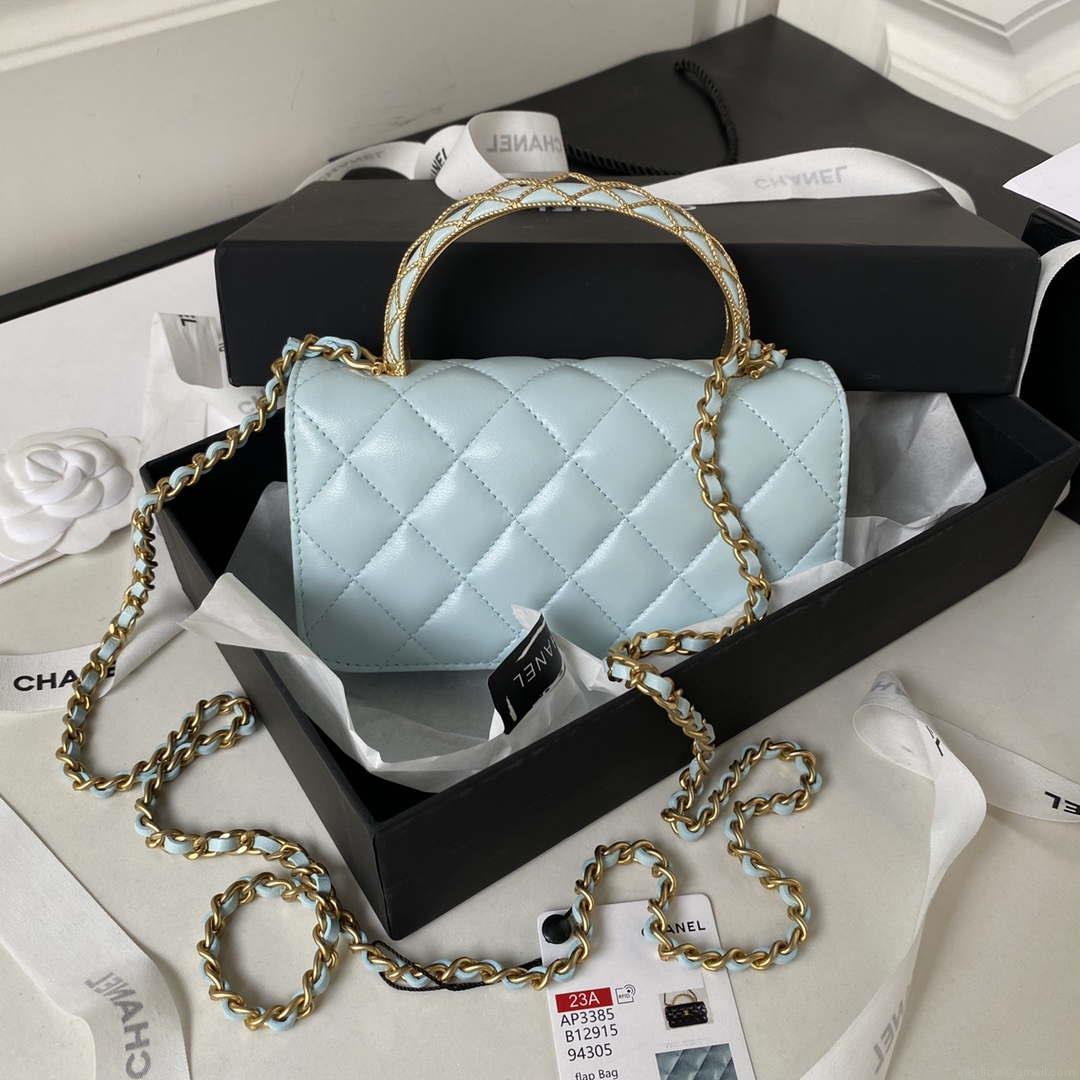 Chanel AP3385 Woc Flap Phone Holder With Chain Lambskin Blue Gold